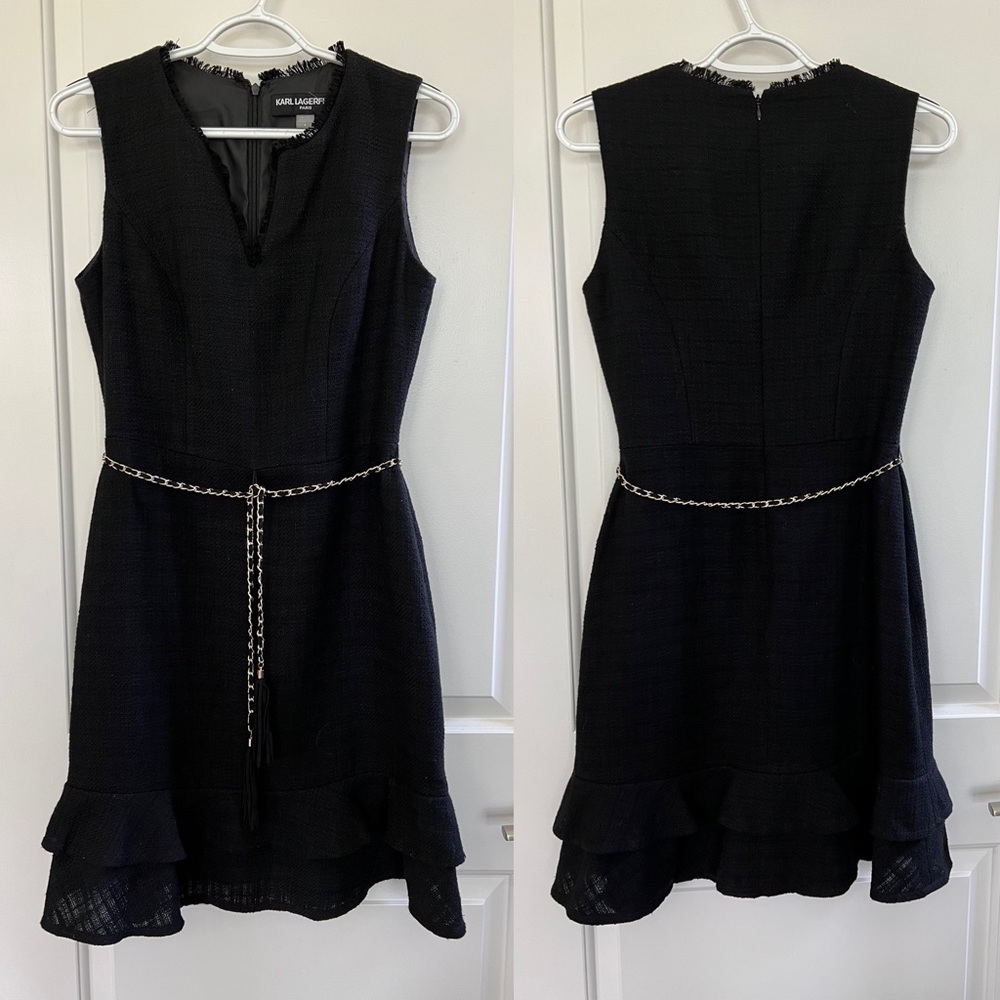 Black Ruffle Hem Chain Belt Dress